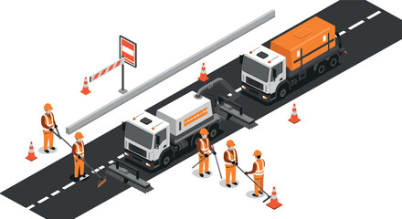 Isometric roadwork scene with construction workers and machinery on highway