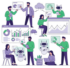 Data Analysis and AI Collaboration Vector Illustration – Business Intelligence, Big Data, and Machine Learning Concept