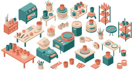 Modern isometric pottery workshop with tools and equipment in pastel colors