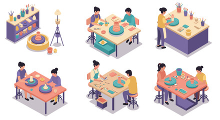 Creative pottery and craft workshop scenes in isometric style with diverse people