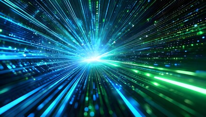 Futuristic abstract background of blue and green light trails moving at high speed from a central point.