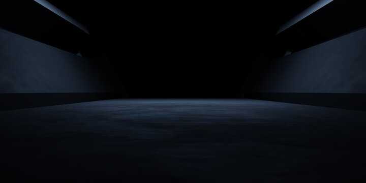 3d rendering of spaceship corridor hallway dark background. Scene for advertising, showroom, technology, future, modern, E sport, game, garage. Sci Fi Illustration. Product display