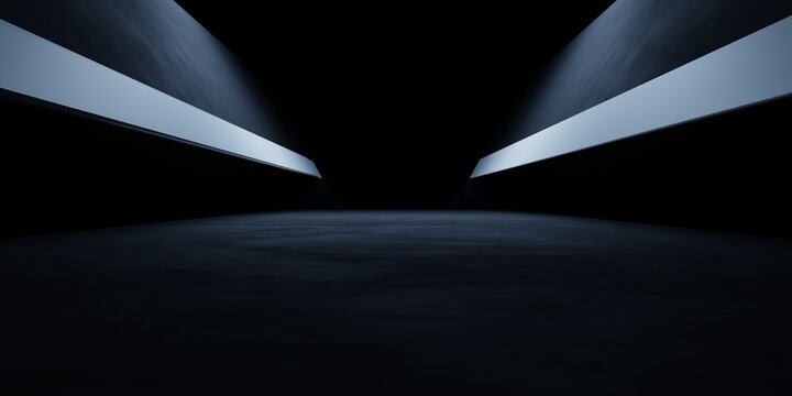 3d rendering of spaceship corridor hallway dark background. Scene for advertising, showroom, technology, future, modern, E sport, game, garage. Sci Fi Illustration. Product display