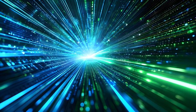 Futuristic abstract background of blue and green light trails moving at high speed from a central point.