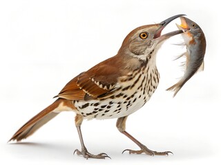 Fototapeta premium Brown Thrasher Catching Fish Isolated on White