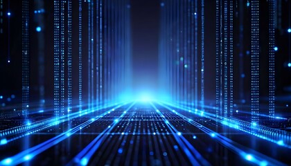 Futuristic digital highway with glowing blue light and streams of binary data.