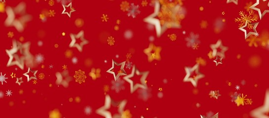 Abstract red background with falling gold stars and snowflakes ideal for Christmas New Year holiday designs. Festive, celebratory, holiday-theme