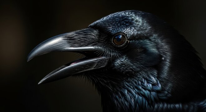 Close-up portrait of a raven highlighting its glossy black feathers and sharp beak