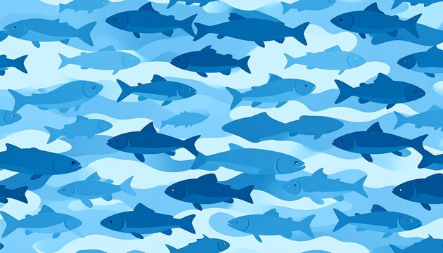 An abstract background featuring numerous stylized fish in varying shades of blue, creating a textured, aquatic pattern - Powered by Adobe