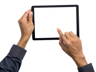 Two hands hold a black digital tablet with a blank white screen, one finger tapping the surface.