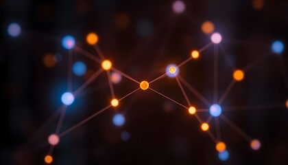Fototapeta premium Abstract illustration of interconnected nodes, representing networks and data flow, with glowing orange and blue lights.