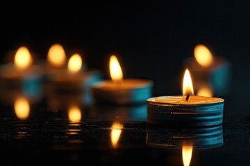 Several tealight candles flicker warmly on a dark, reflective surface, creating a soft glow