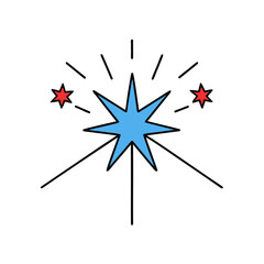 Sparkler with radiating light and small red stars on black background