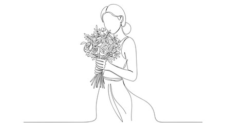 Continuous line drawing of a woman in a dress holding a bouquet of flowers in a minimalist style art
