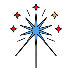 Bright blue starburst with red and yellow star accents on black background