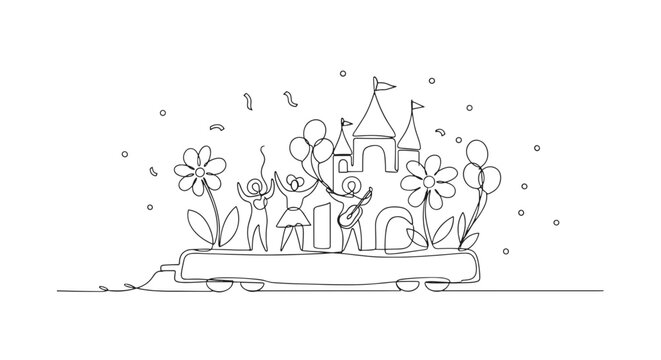Continuous line drawing of a parade float with castle, flowers, balloons and people celebrating