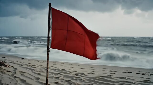Dramatic Red Warning Flag Waves Vigorously on Stormy Beach during Dangerous Weather