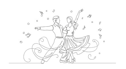 Obraz premium Continuous line drawing of a dancing couple surrounded by musical notes and swirling lines design art