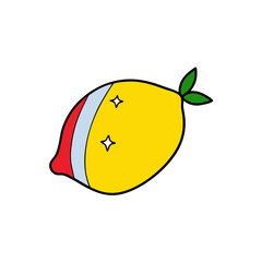 Cute cartoon lemon with red and blue hat and sparkles
