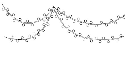 Illustration of two hanging strands of christmas lights with round bulbs in a simple black and white style
