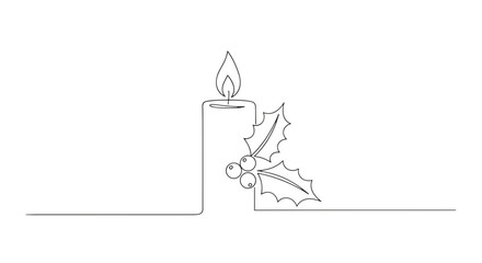 A single line drawing of a candle with a flame and holly berries on a white background in minimalist style