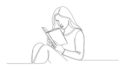 A simple line drawing of a woman sitting and reading a book with long hair and a relaxed posture view