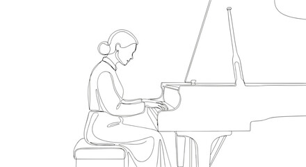 Woman playing piano in continuous line art style on a stool with a grand piano in black and white view