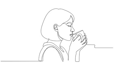 Continuous line drawing of a woman drinking from a cup with both hands in a minimalist style art work