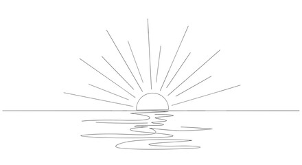 A minimalistic line drawing of a sunrise or sunset over water with light rays emanating upward