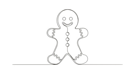 Continuous line drawing of a gingerbread man with buttons and a smile on a white background surface