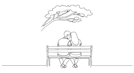 Couple sitting on a bench under a tree in a minimalist line art style illustration with a romantic feel