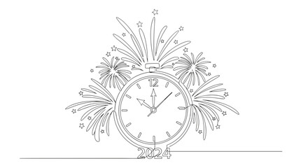 Clock showing almost twelve with fireworks and stars celebrating new year two thousand twenty four