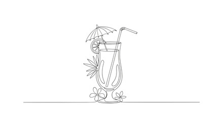 Single line drawing of a tropical cocktail with umbrella straw citrus and flowers on a white background