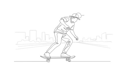 A continuous line drawing of a skateboarder in a hat riding through a city street with buildings around