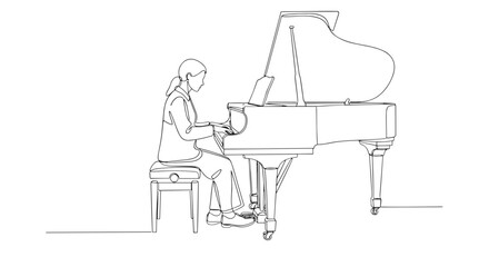 A continuous line drawing of a woman playing a grand piano on a stool in a minimalist style art