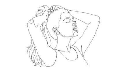 Line art of woman with hands in hair, eyes closed, wearing a tank top, in a minimalist black and white style
