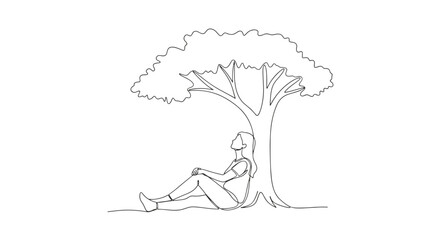 A line drawing of a person sitting under a tree looking up with their legs crossed in a white background