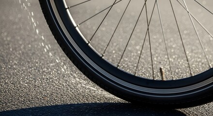 Bicycle Wheel on Wet Pavement, Tire Spraying Water Drops, Bicycle Wheel Splashing Water on the Road, Wet Asphalt and Rotating Tire