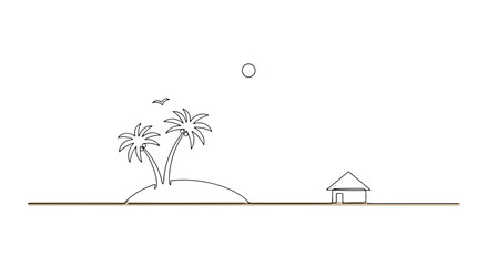Illustration of a tropical island with palm trees, a bird, a sun, and a house in a minimalist style