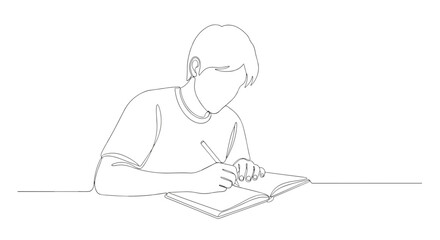 A simple line drawing of a person sitting at a desk writing in a notebook with a pencil on a white background