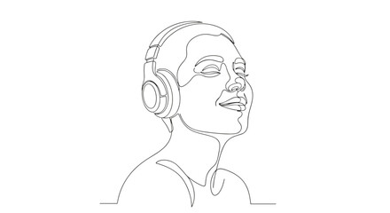 Line art depiction of a person with headphones, eyes closed, appearing to be listening to music content