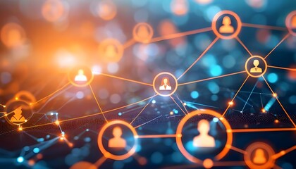 Abstract visualization of a digital social network with glowing interconnected user profiles.