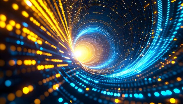 Abstract digital tunnel with glowing lights, representing data flow and technological advancement.