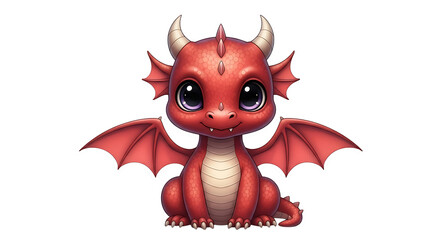 Cute red baby dragon with large purple eyes and wings fantasy, isolated on a white or transparent background, cutout, PNG
