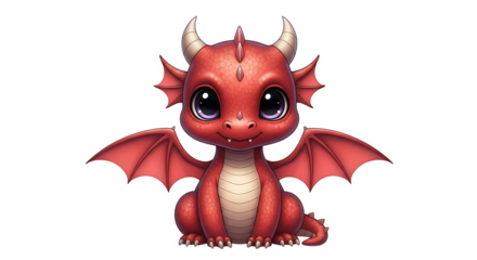 Cute red baby dragon with large purple eyes and wings fantasy, isolated on a white or transparent background, cutout, PNG