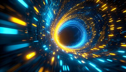 A swirling vortex of glowing blue and yellow light particles creating a futuristic, high-speed tunnel effect.