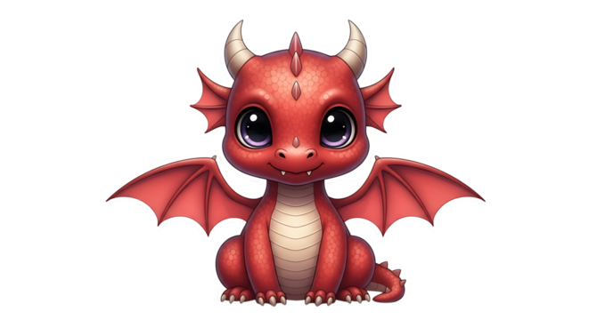 Cute red baby dragon with large purple eyes and wings fantasy, isolated on a white or transparent background, cutout, PNG