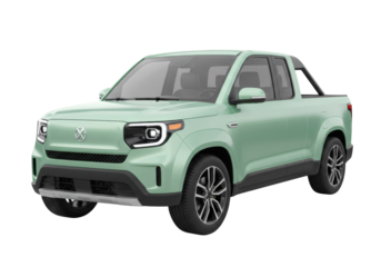 Light green electric pickup truck isolated, modern EV vehicle for sustainable transportation and eco-friendly lifestyle