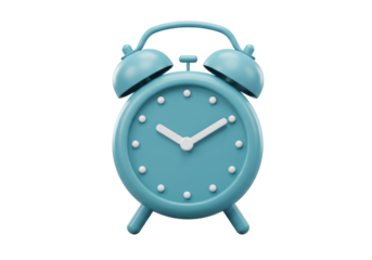 Cute blue alarm clock PNG isolated on transparent background, 3D rendering of time management and reminder concept