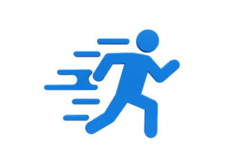 Blue running man PNG isolated on transparent background, fast delivery or speed concept for business and sports